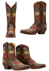 Isolated Floral Embroidered Brown Cowboy Boots Pair Classic Transparent Background