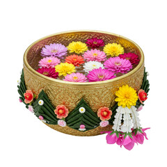 Isolated Floral Arrangement with Gold Bowl and Floating Flowers