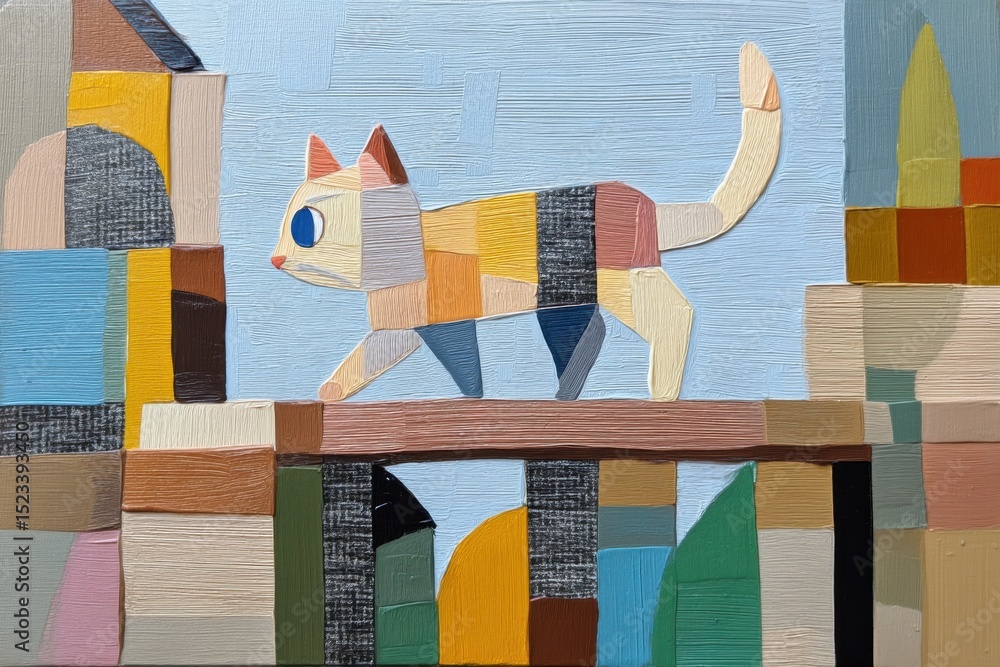 Poster abstract patchwork cat walking on a ledge, representing childhood imagination and artistic expressio