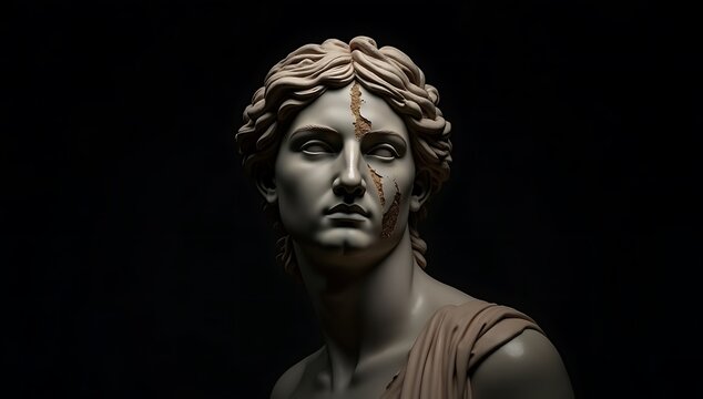 Hyperrealistic Photograph of Damaged Greek Marble Statue – Classical Sculpture with Smoothed Facial Erosion Against Black Background – High-Contrast Lighting Emphasizing Stone Texture & Gritty Patina