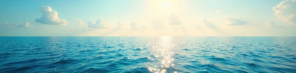 Obraz premium Vast, tranquil ocean stretching to the hazy horizon, a serene seascape bathed in soft sunlight Perfect for travel, nature, and relaxation themes , shoreline, horizon