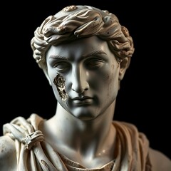 Hyperrealistic Photograph of Damaged Greek Marble Statue – Classical Sculpture with Smoothed Facial Erosion Against Black Background – High-Contrast Lighting Emphasizing Stone Texture & Gritty Patina