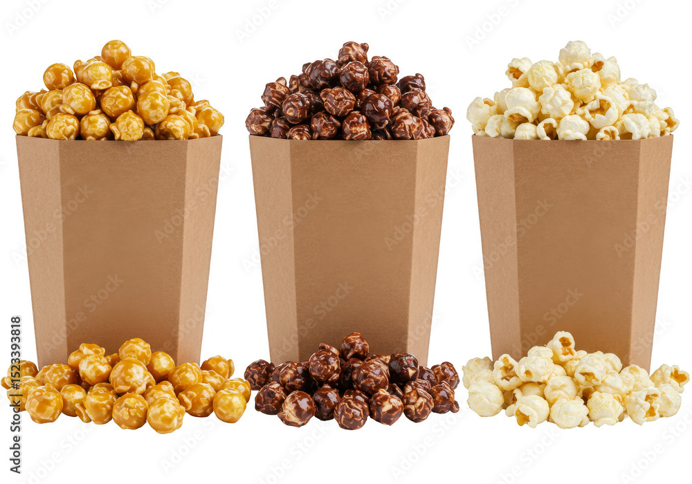 Poster isolated transparent background three flavored popcorn snack heap in studio