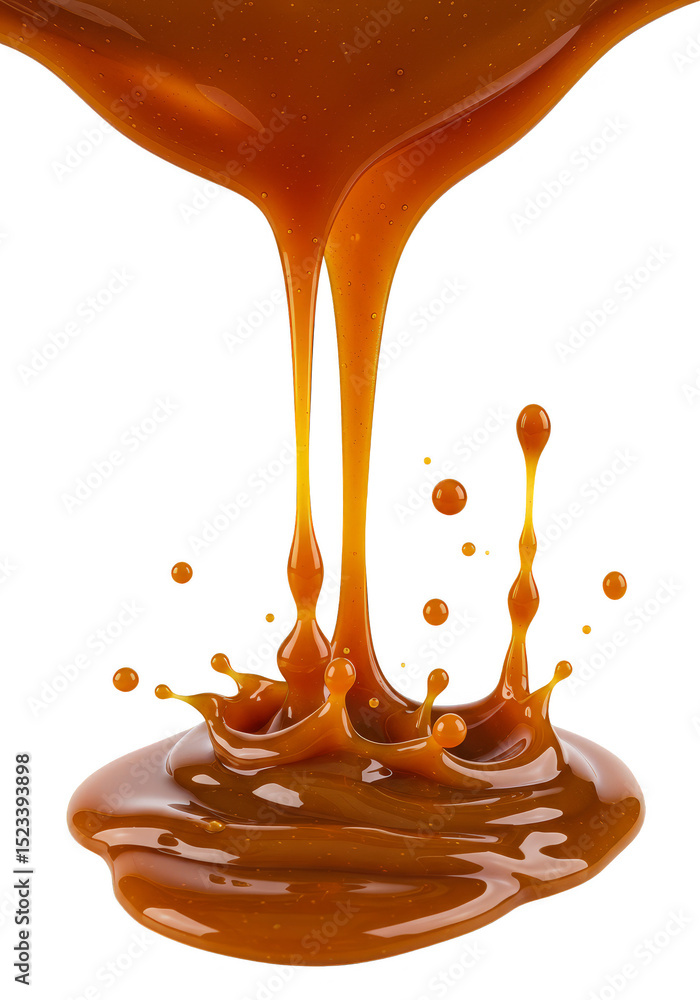 Poster isolated transparent background with caramel splash dripping macro