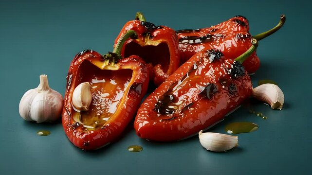 Roasted red peppers with garlic still life