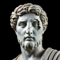Hyperrealistic Photograph of Damaged Greek Marble Statue – Classical Sculpture with Smoothed Facial Erosion Against Black Background – High-Contrast Lighting Emphasizing Stone Texture & Gritty Patina