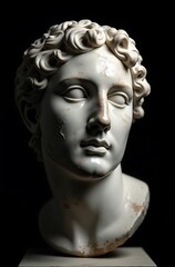 Hyperrealistic Photograph of Damaged Greek Marble Statue &ndash; Classical Sculpture with Smoothed Facial Erosion Against Black Background &ndash; High-Contrast Lighting Emphasizing Stone Texture & Gritty Patina