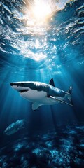 Obraz premium Great White Sharks Swimming Underwater in Ocean Sunlight, Symbolizing Marine Conservation and Environmental Awareness : Generative AI