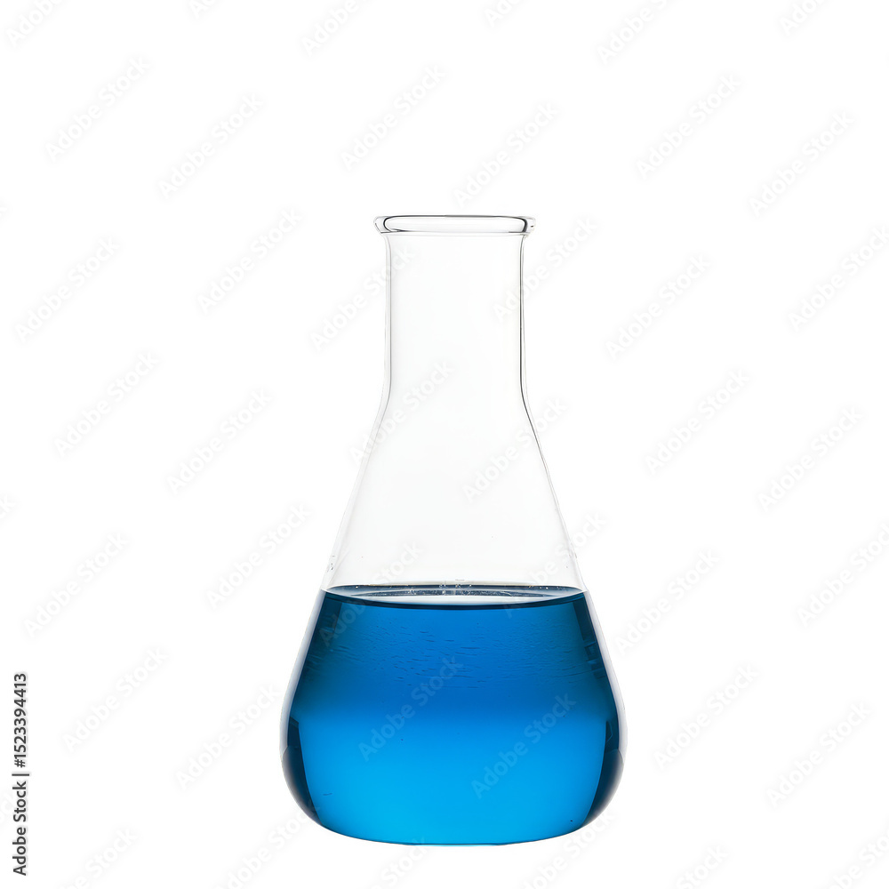 Poster isolated transparent glass flask with blue liquid for science experiment