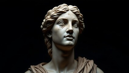 Hyperrealistic Photograph of Damaged Greek Marble Statue – Classical Sculpture with Smoothed Facial Erosion Against Black Background – High-Contrast Lighting Emphasizing Stone Texture & Gritty Patina