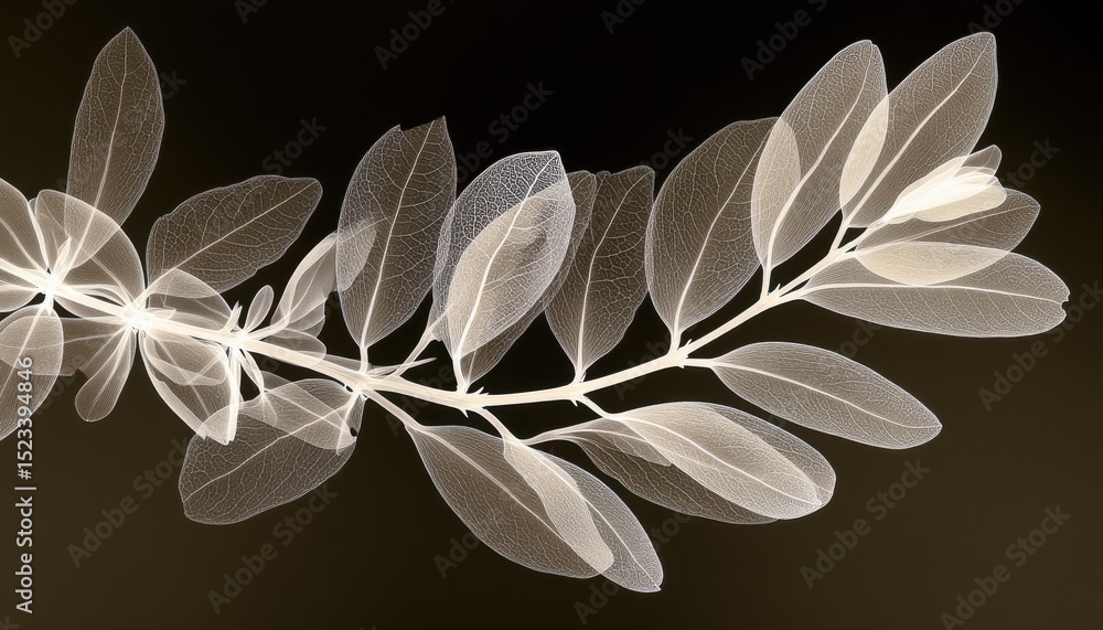 Poster translucent leaves on a branch against dark background, symbolizing delicate beauty and botanical sc