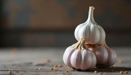 A close-up of three garlic bulbs on a wooden surface
