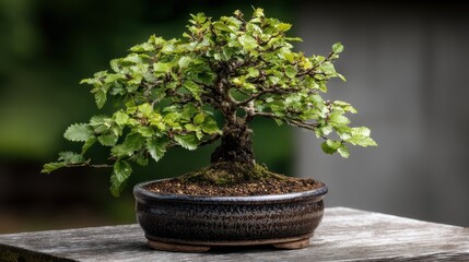 Bonsai Tree in Ceramic Pot on Wooden Table, Symbolizing Patience and Long-Term Growth, Suitable for Home Decor and Zen Garden Design Projects : Generative AI