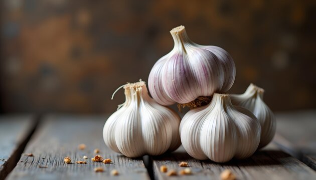 A close-up of three garlic bulbs on a wooden surface