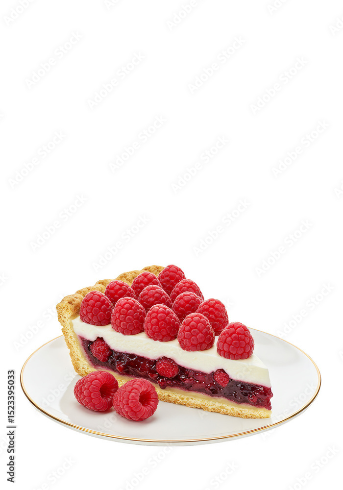 Poster isolated transparent raspberry tart slice with cream on a white plate