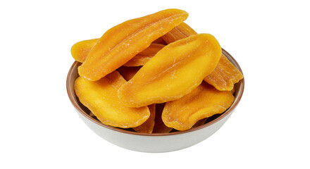 Isolated Transparent PNG Stack of Dried Mango Pieces in Small Bowl