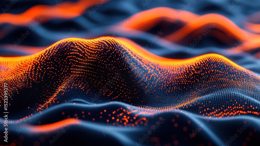 Poster abstract network of glowing orange particles forming wavy landscape, illustrating connectivity and d