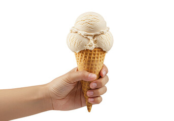 Isolated Hand Holding Vanilla Ice Cream Cone Dessert on Transparent