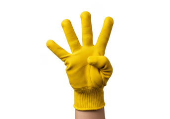 Isolated Hand in Yellow Glove Showing Number Three Sign on Background
