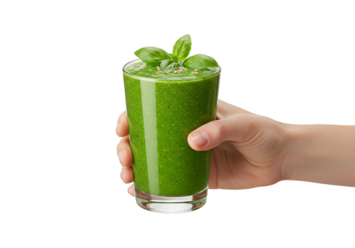 Isolated Hand Holding Green Smoothie with Chia Seeds on Black Background