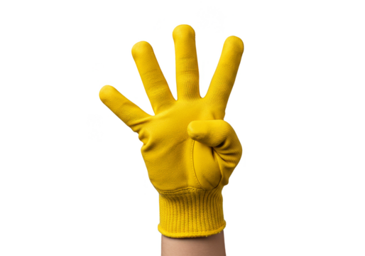 Isolated Hand in Yellow Glove Showing Number Three Sign on Background