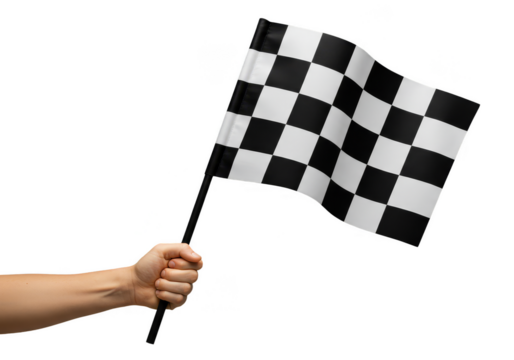 Isolated Hand Waving a Black and White Checkered Finish Flag Transparent