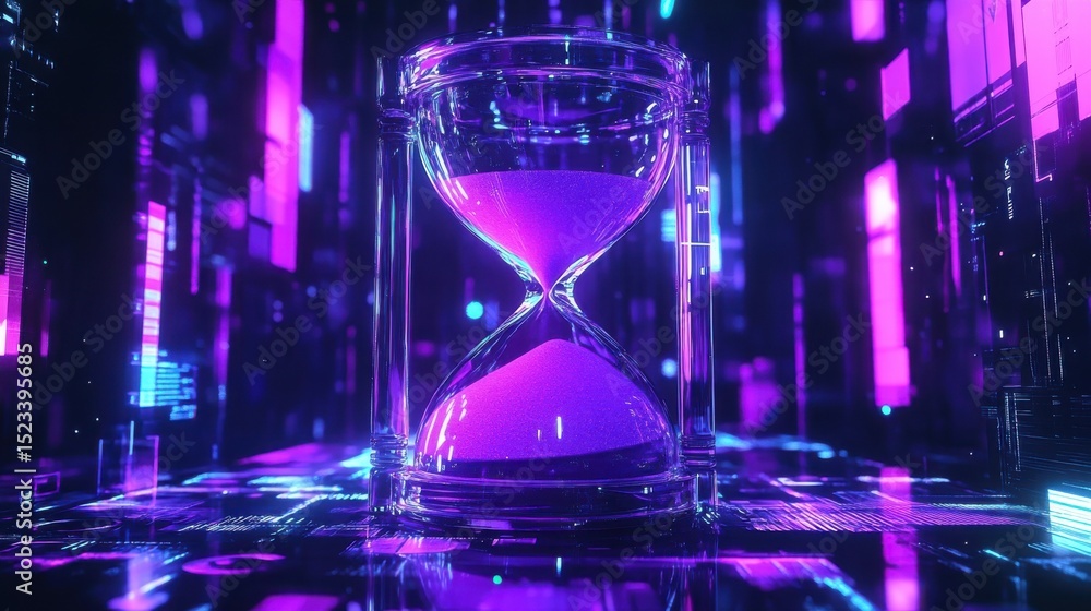 Poster hourglass filled with purple sand in cyberpunk setting, representing time management and digital tra