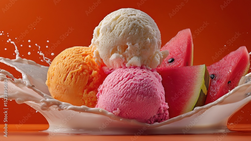 Poster colorful ice cream scoops and watermelon slices with milk splash, representing summer indulgence and