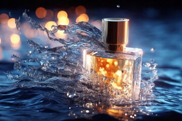 Elegant Perfume Bottle Surrounded by Splashing Water, Showcasing Luxury and Beauty for Advertising Campaigns : Generative AI