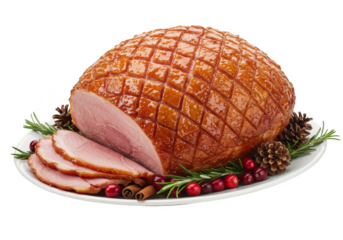 Isolated Holiday Glazed Ham with Fresh Cranberries on Transparent BG