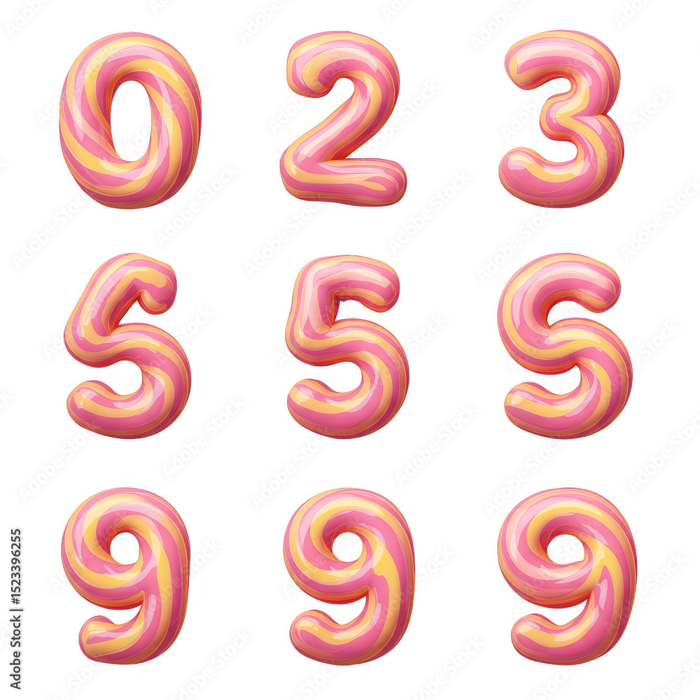 Poster isometric pink yellow number set digits mathematics on transparent background