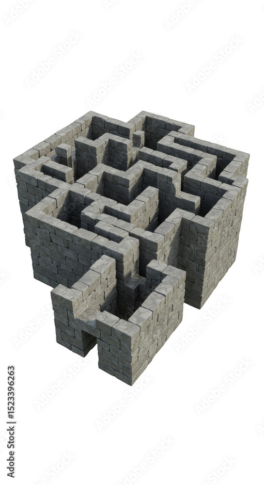 Poster isometric stone maze cube puzzle 3d render on transparent background