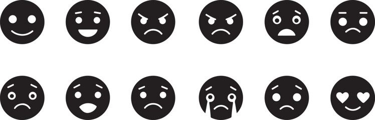  Emotions — happy, sad, angry, surprised, confused, neutral, laughing, crying, scared, love. black and white file format eps


