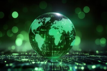 Digital World Globe Glowing Green on Circuit Board, Representing Global Connectivity and Technological Advancement in Business and Innovation : Generative AI