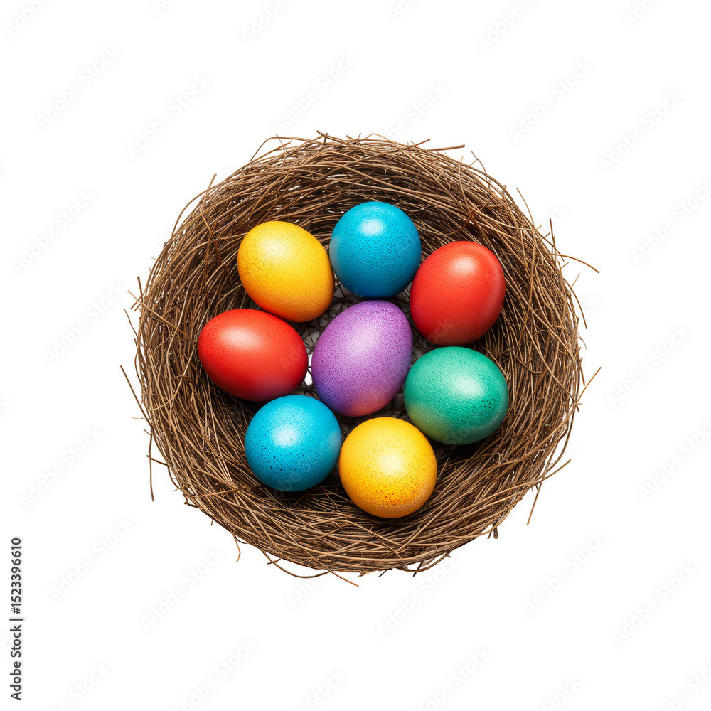 Poster overhead view colorful easter eggs in bird's nest with transparent background