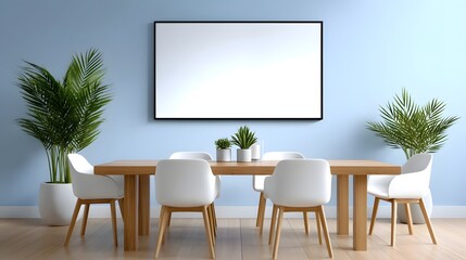 Empty frame on the wall in a modern conference room with a table and chairs