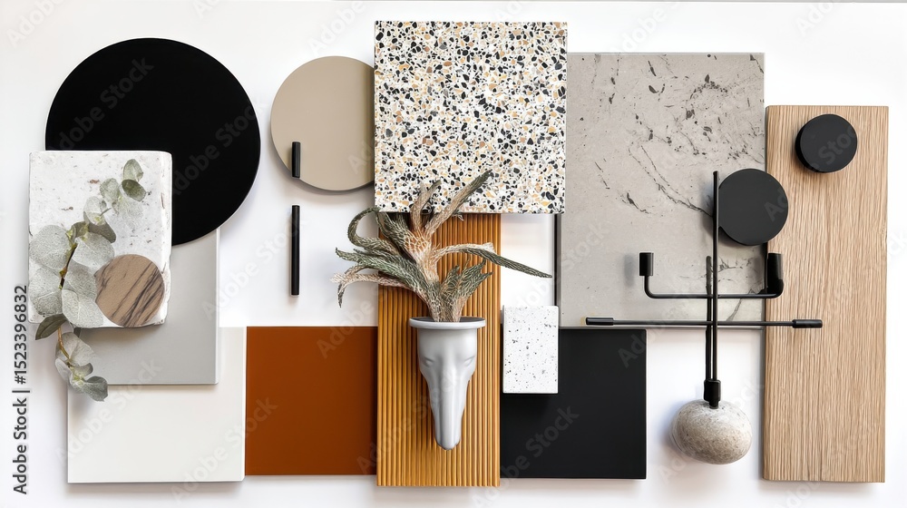 Poster geometric material board with plant, showcasing interior design and creative collaboration for archi