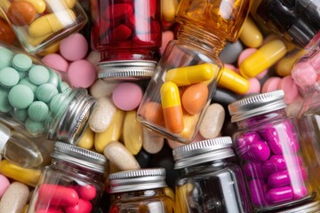 Colorful Pills and Capsules in Glass Containers