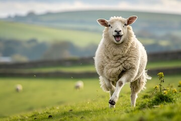 Fototapeta premium Cute Young Lamb Joyfully Running in a Green Pasture on a Sunny Day