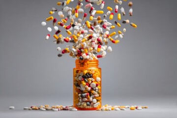 Pills and Capsules Falling Into Orange Bottle