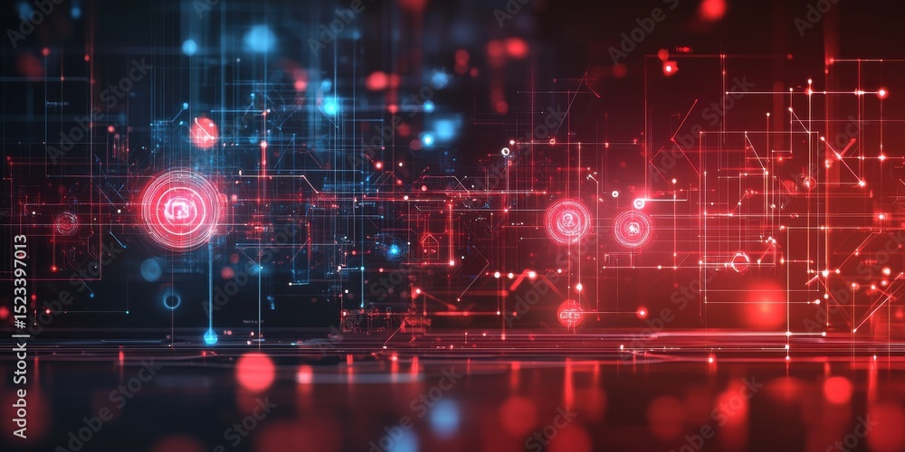 Aufkleber Abstract Network of Red and Blue Lines and Nodes, Representing Cybersecurity and Digital Transformation in a Modern Technology Landscape : Generative AI