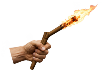 Isolated Image of Hand Holding Burning Wooden Torch with Flame on PNG