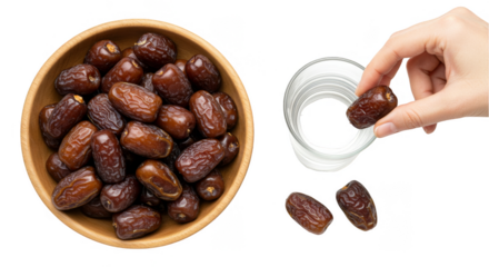 Isolated Image of Hand Picking Sweet Dates in Bowl on Transparent