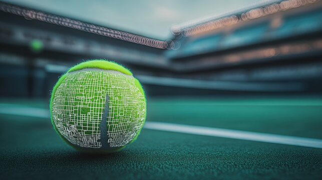Digital Tennis Ball on Court, Symbolizing Technology Integration and Sports Innovation in the Modern Era of Athletic Performance and Technological Advancement : Generative AI