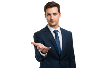 Portrait Of Business Man Presenting Open Palm In Dark Blue Suit Isolated