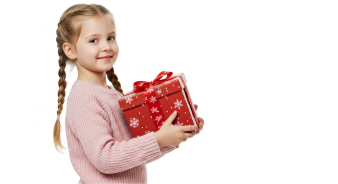 Portrait Of Little Girl Holding Wrapped Present Box With Transparent Background