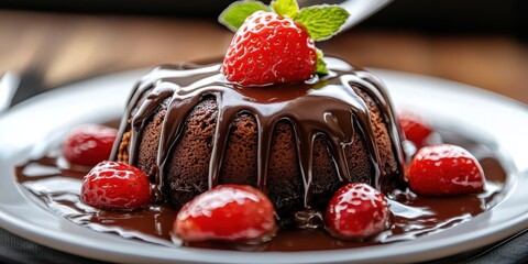 Chocolate Lava Cake With Strawberries and Mint, Ideal for Sweet Indulgence and Culinary Presentation, Perfect for Food Bloggers and Restaurant Promotions : Generative AI