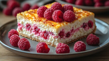 Raspberry Cheesecake Slice on Plate, Representing Indulgence and Sweet Reward, Ideal for Food Bloggers and Culinary Promotion : Generative AI