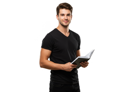 Portrait Of Young Man Smiling Holding Notebook With Transparent Background