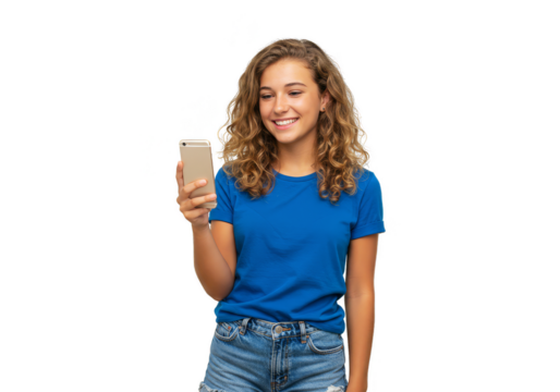 Portrait Of Young Woman with Mobile Phone Isolated On Transparent Background - Powered by Adobe